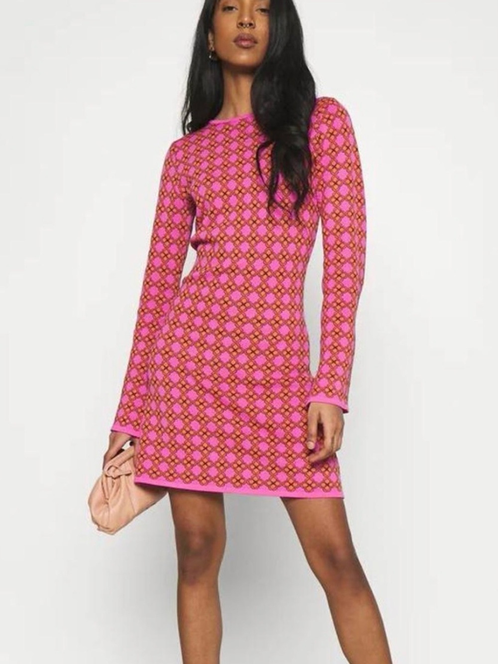 Never Fully Dressed Pink and Orange Geometric Long-Sleeve Mini Swing Dress
